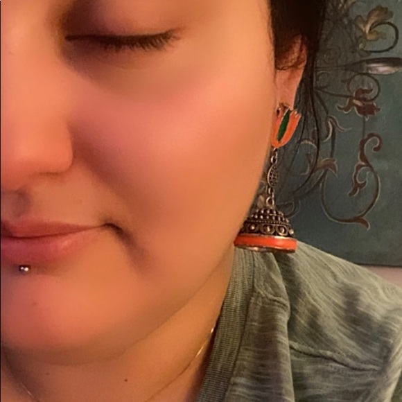 Hand painted lotus bell 🔔 earrings - Picture 3 of 3